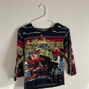 2000s Jane Ashley Multicolor Cityscape Long Sleeve Tee